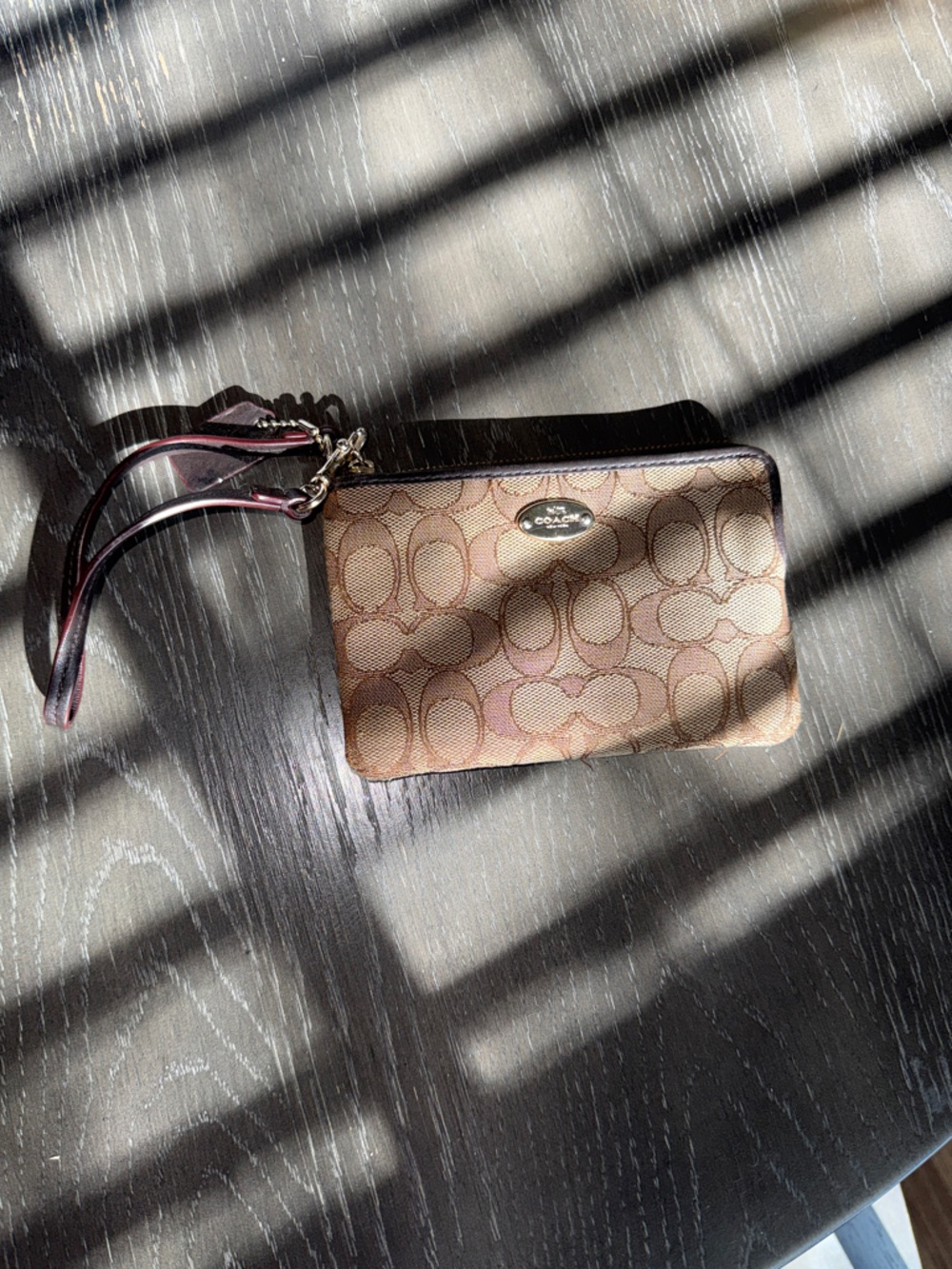 Coach Signature Canvas Wristlet in Tan and brown Accents